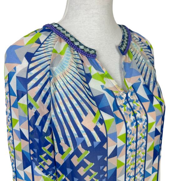 Hale Bob | Blue & Green Print Beaded Embellished V-neck Long Sleeve Blouse - Picture 5 of 12